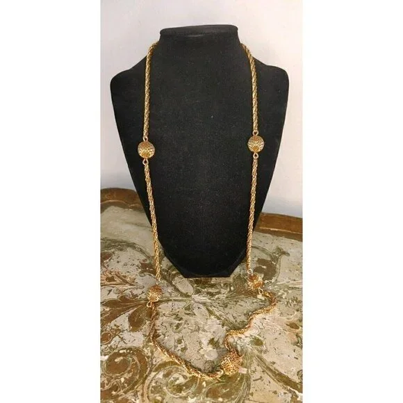 Gold Tone Rope Necklace Twisted Chain with Gold Tone Ball Spheres - Picture 4 of 10